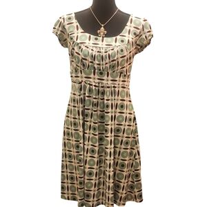 BCX Round Neck Pleated Stylish Brown & Green Patterned Dress
